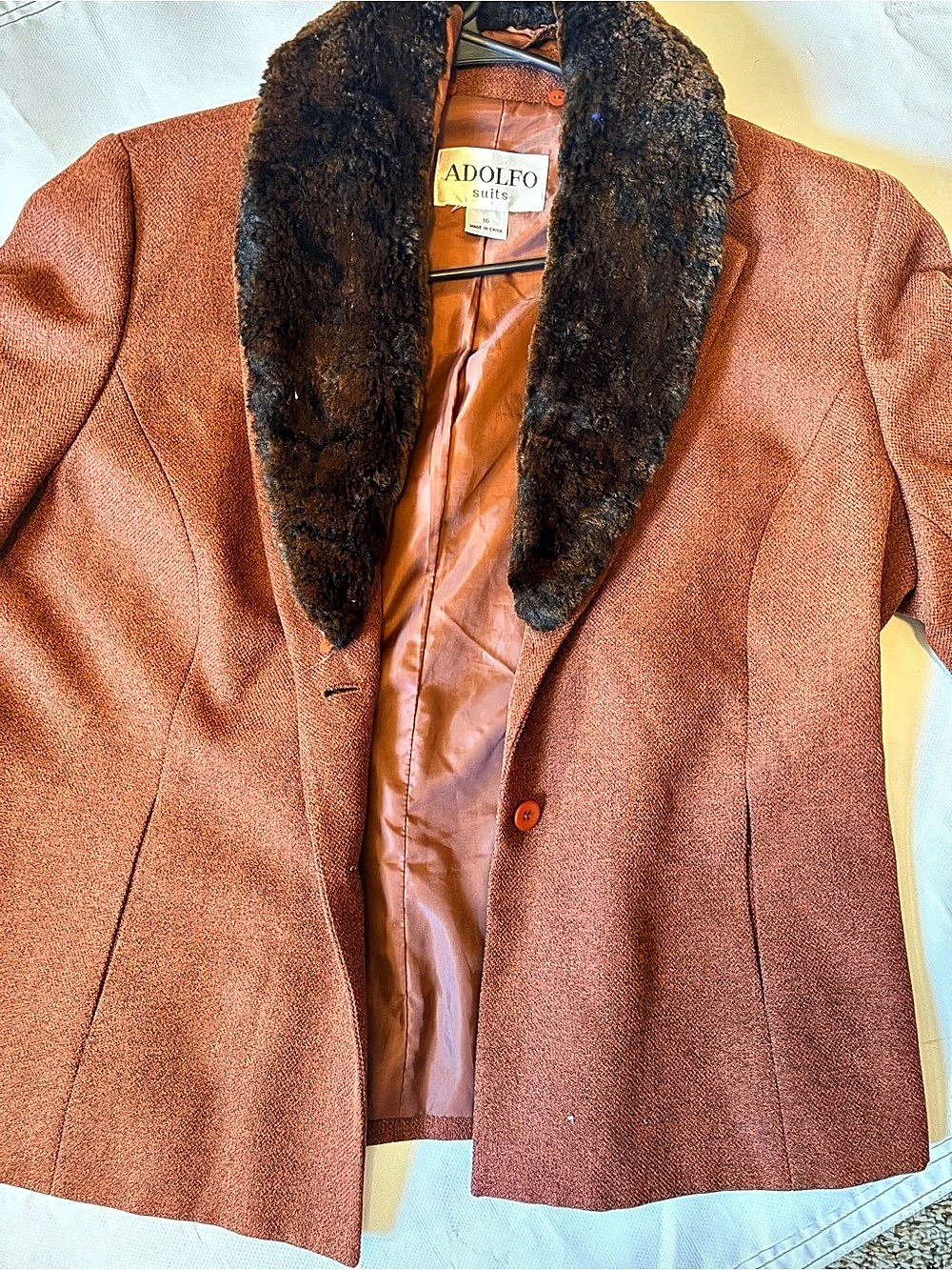 Adolfo Suits Men's Brown Fur Collar Jacket Size 16